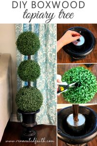 DIY Boxwood Topiary Trees - If you have sticker shock from the boxwood topiary trees sold in stores, here is my tutorial on how to make artificial boxwood topiary trees that are more durable, just as life-like and a fraction of the cost as the ones online. How to Make a Topiary Ball Tree. #topiarytrees #boxwooddecor #boxwoodballs #diyoutdoortopiary #topiaryballs