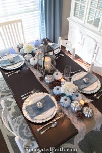 Thanksgiving Tablescape with Blue Pumpkins: When God Interrupts Your Plans #tablescape #thanksgivingdecor #bluepumpkins #god'splans