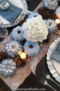 Thanksgiving Tablescape with Blue Pumpkins: When God Interrupts Your Plans #tablescape #thanksgivingdecor #bluepumpkins #god'splans