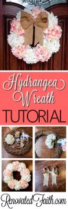 Hydrangea Door Wreath - This easy, affordable wreath is sure to brighten up your front door for spring. #springwreath #hydrangeadoorwreath #diywreath #renovatedfaith