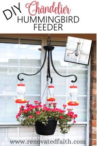 By upcycling an old chandelier, I made a DIY chandelier hummingbird feeder that is sure to turn your backyard into a hummingbird haven. #hummingbirdfeeder #chandelierhummingbirdfeeder #backyard