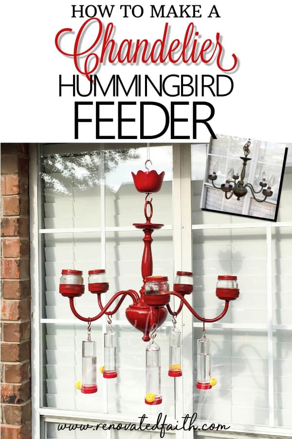 By upcycling an old chandelier, I made a DIY chandelier hummingbird feeder that is sure to turn your backyard into a hummingbird haven. #hummingbirdfeeder #chandelierhummingbirdfeeder #backyard