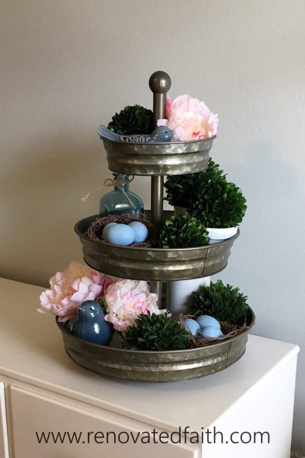 Tiered Tray with Boxwood - Should I DIY or buy?  Here are 5 tips to help you decide whether to buy or make your next home decor item, as well as the best way to "make" a boxwood wreath.  How to make an artificial boxwood wreath. DIY preserved boxwood wreath.  How to make a real a real boxwood wreath. #boxwoodwreath #preservedboxwood #boxwoodsprigs