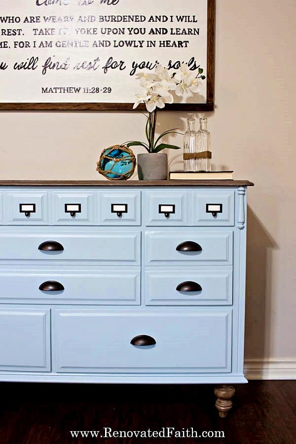 Coastal Blue Dresser Makeover With Driftwood Top And Legs