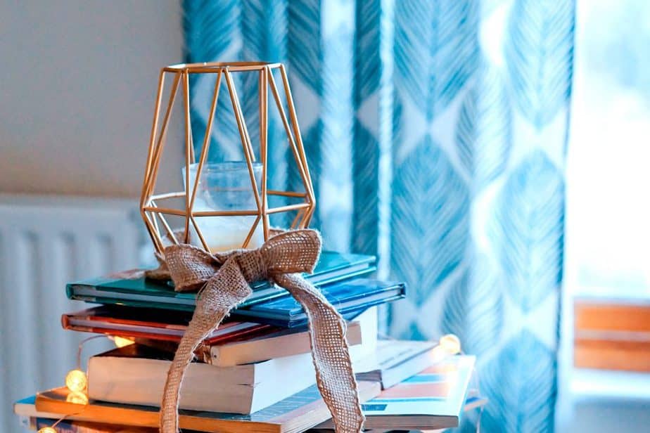 stack of books with light