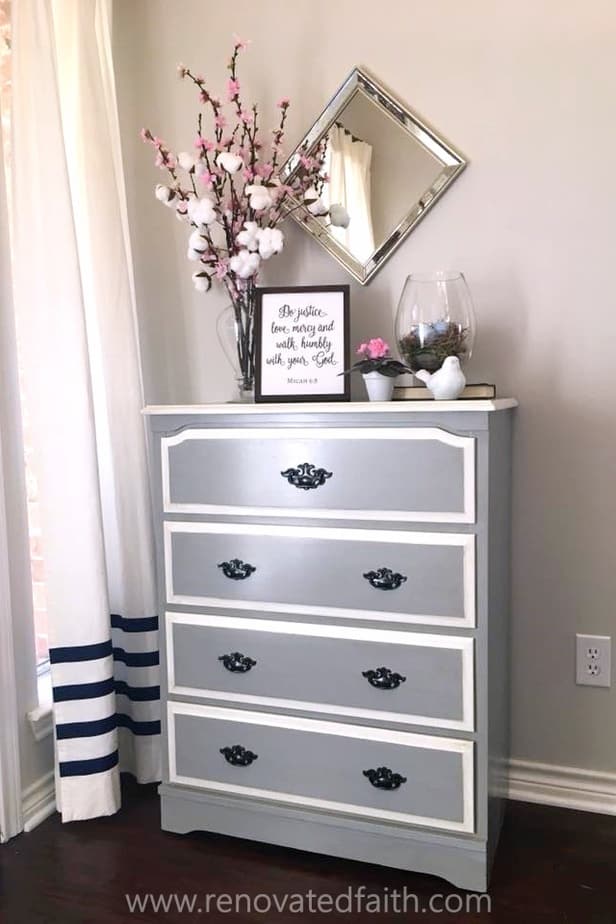 gray and white tallboy dresser painted with latex paint