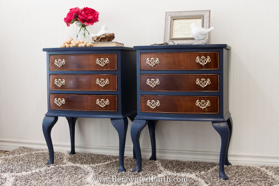 two navy side tables