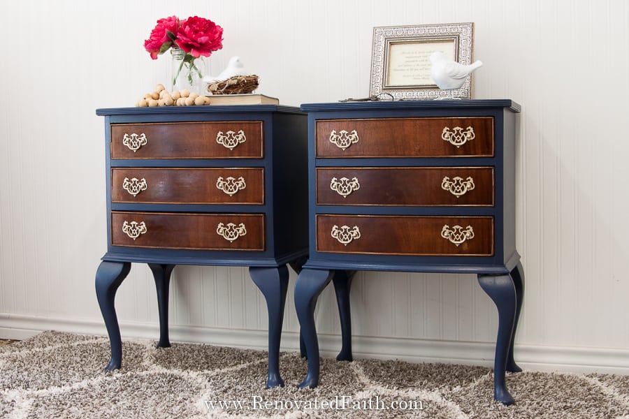 set of two hale navy side tables with natural wood drawers