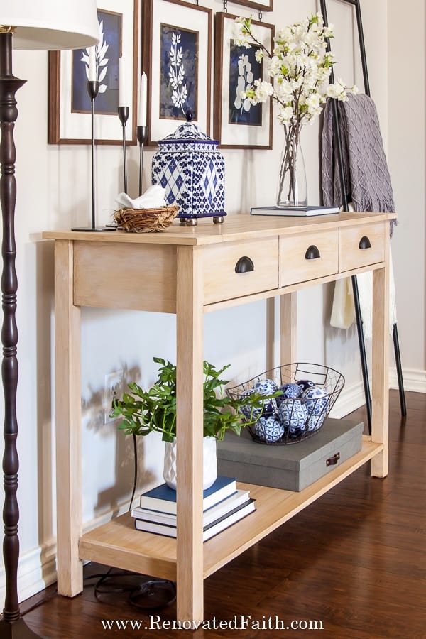 raw pine console table with faux finish