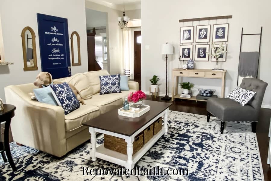 living room with blue accents