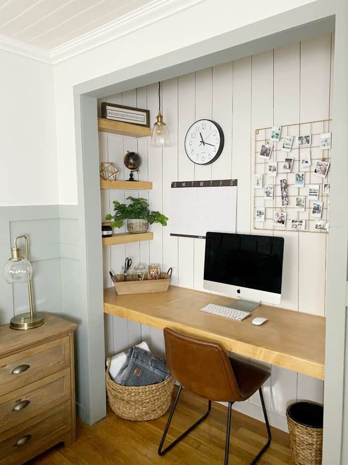 diy closet desk with vertical shiplap