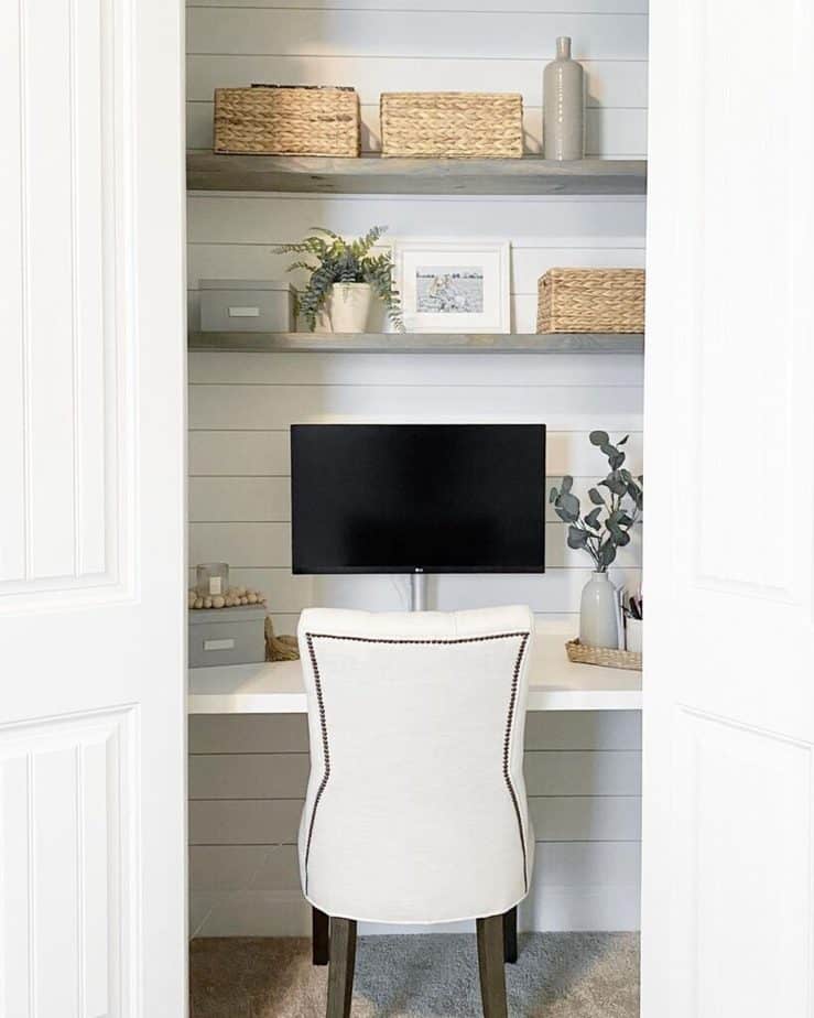 small diy floating desk in a closet