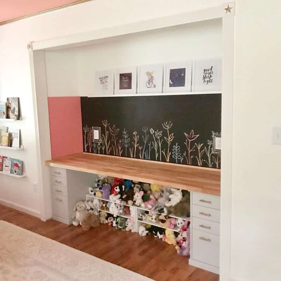 kids closet desk with stuffed animal storage