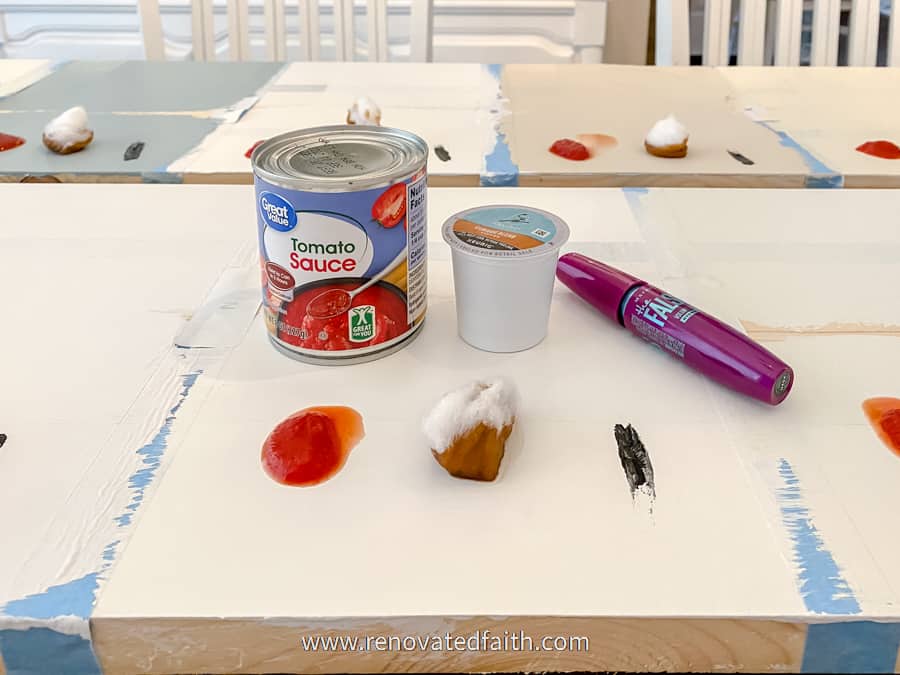 testing scrubbability and staining of tomato sauce, coffee and waterproof mascara with cabinet paints.