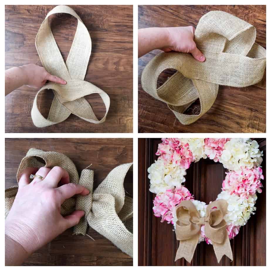 images showing steps to make a burlap bow for a wreath