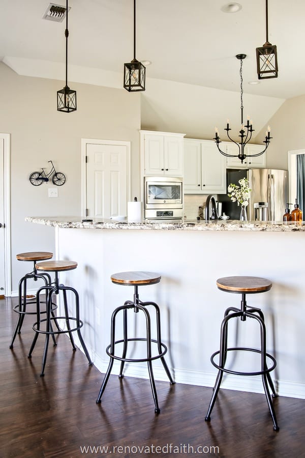 farmhouse stools in kitchen