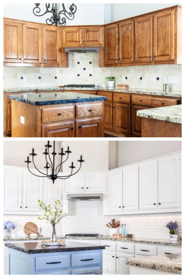before and after of kitchen cabinets and backsplash