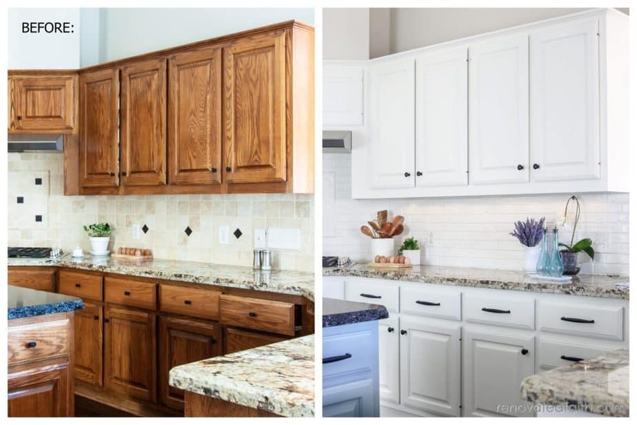 before and after of of painting kitchen cabinets white