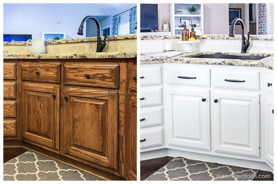 before and after of of painting kitchen cabinets white