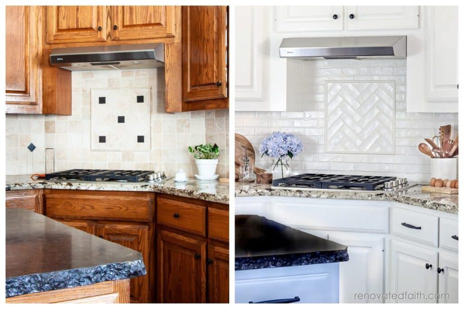 before and after of kitchen backsplash and cabinets painted white