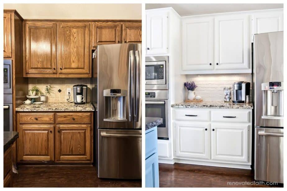 Painting Oak Kitchen Cabinets White Before And After Besto Blog   Painting Oak Kitchen Cabintes White Frig Wall 1024x683 