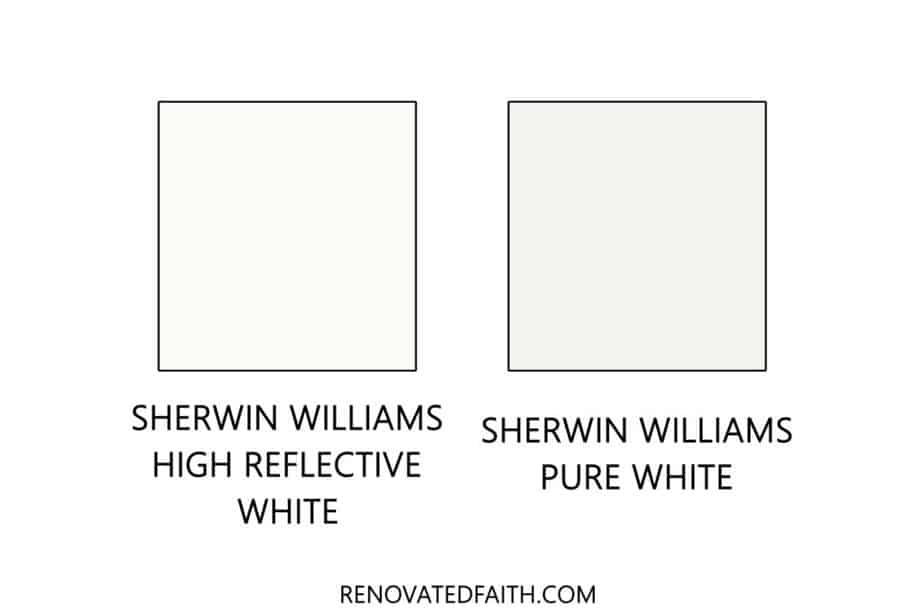 high reflective white vs pure white paint color swatches compared
