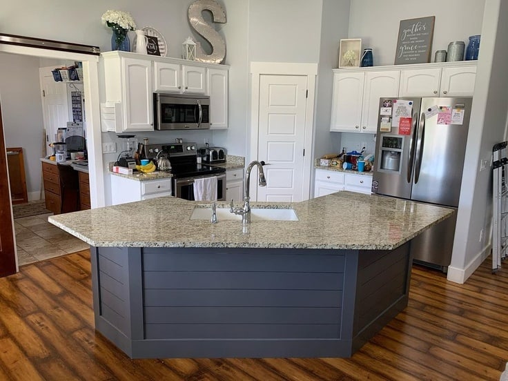 kitchen white high reflective white paint and dark island