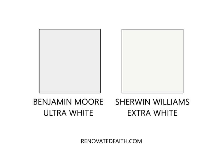 paint color swatches of extra white vs ultra white