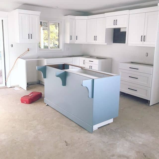 kitchen under construction with nimbus gray island