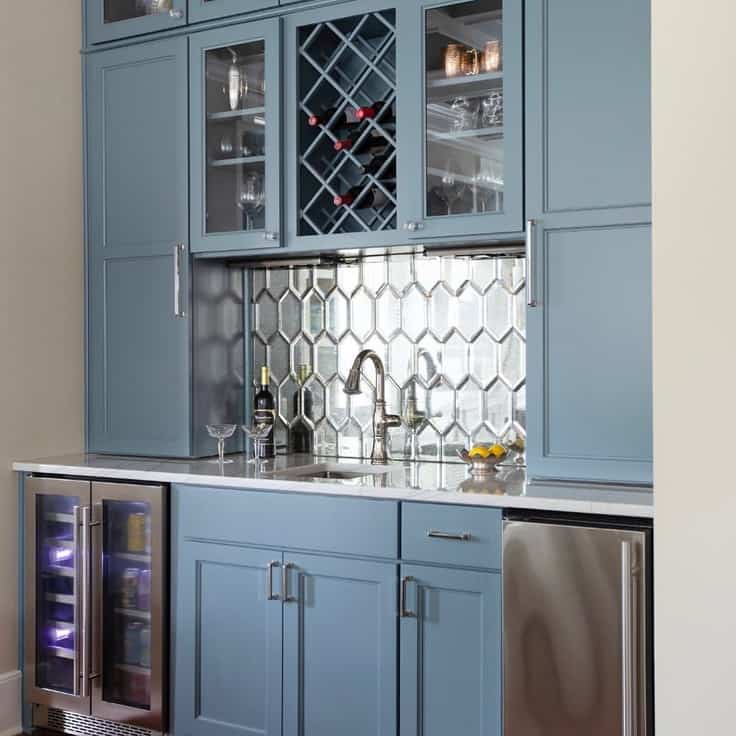 blue gray cabinets wet bar