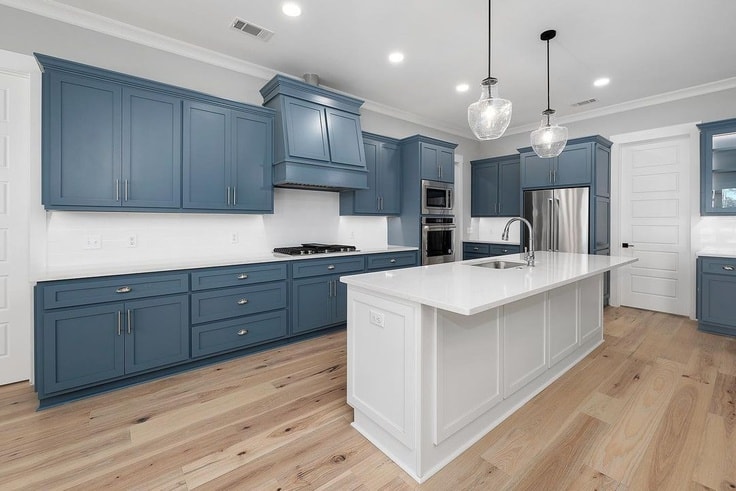 providence blue kitchen cabinets with white island