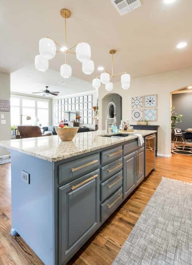 modern kitchen with blue gray kitchen island