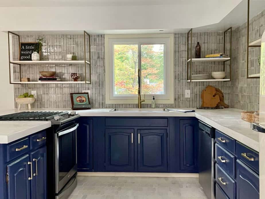 navy lower cabinets in kitchen