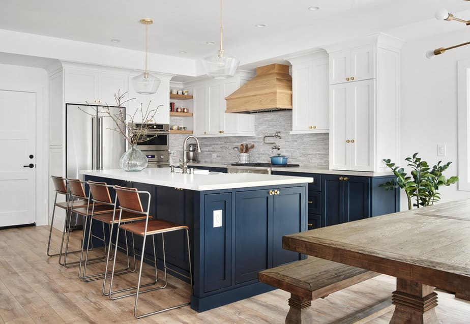navy island and lower cabinets in kitchen
