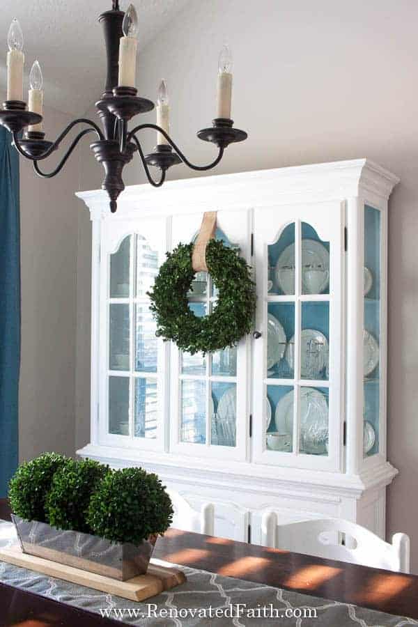 white and blue china cabinet makeover