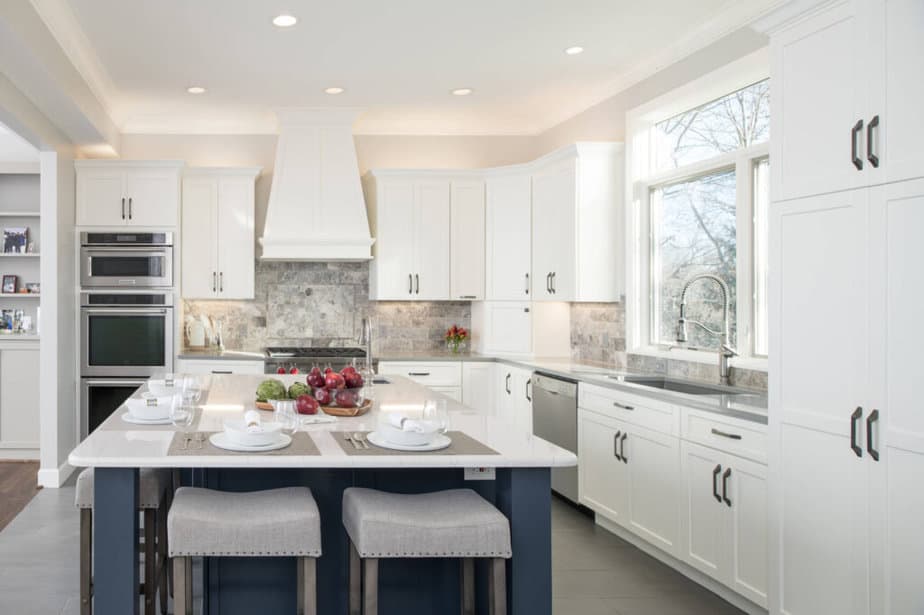 repose gray on kitchen walls with white cabinets