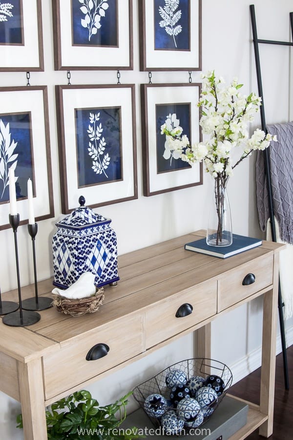 console table with raw wood finish