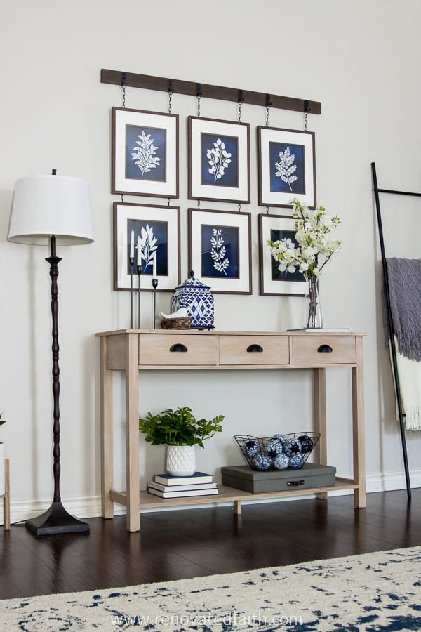 console table with raw wood finish