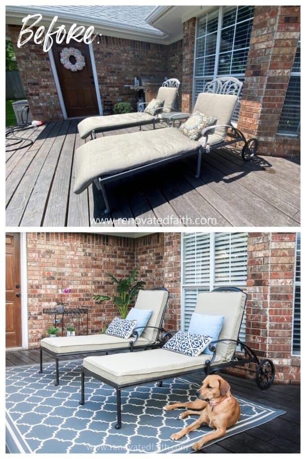 before after of chaise lounge makeover with spray paint