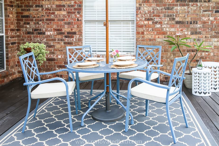 patio table with blue paint