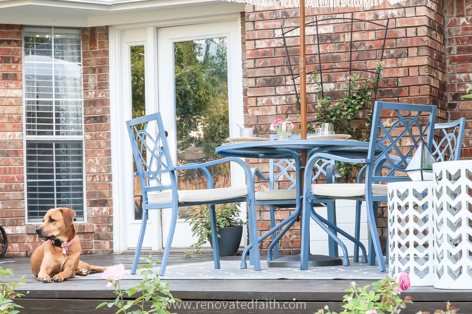 blue painted patio table and dog