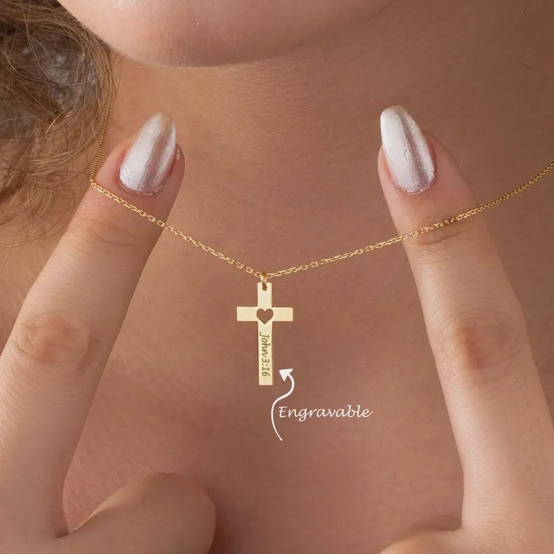 cross heart necklace with bible verse engravable