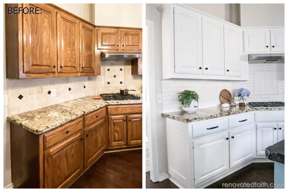 painting-oak-kitchen-cabinets-white-left-of-range - Renovated Faith