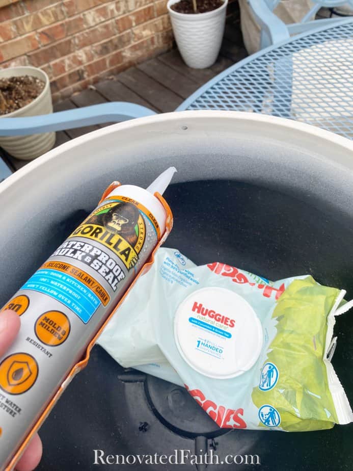 caulk and baby wipes and fountain bowl